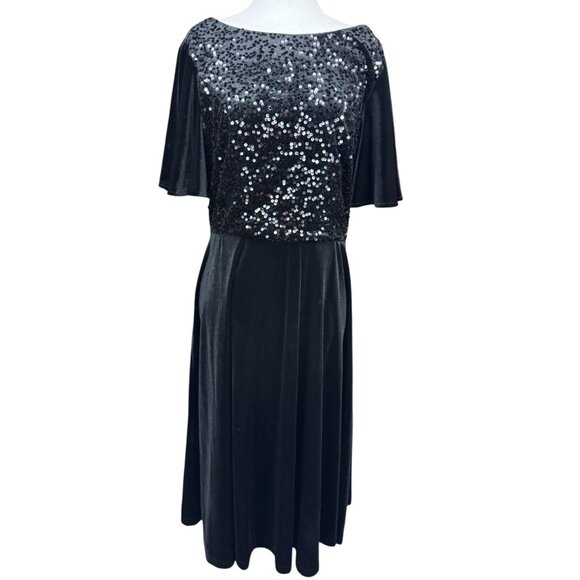 NEW Meetjen Black Velvet Sequin Top Flutter Sleeve Midi Holiday Parties Dress - Picture 2 of 11